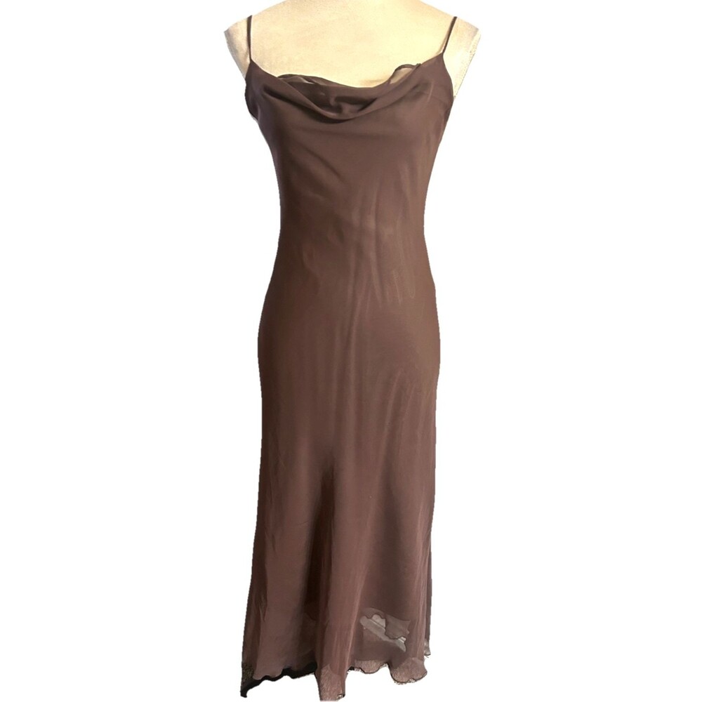 Courtenay Cowl Neck Sz 8 Chiffon Slip Maxi  Brown Spaghettis Lined Dress Y2K